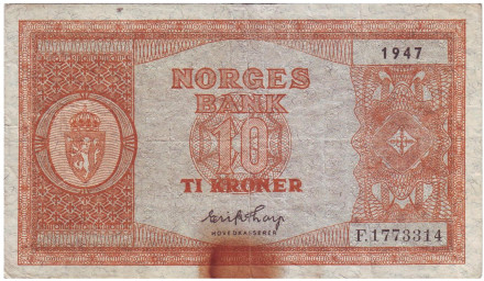 Банкнота 10 крон. 1947 год, Норвегия.