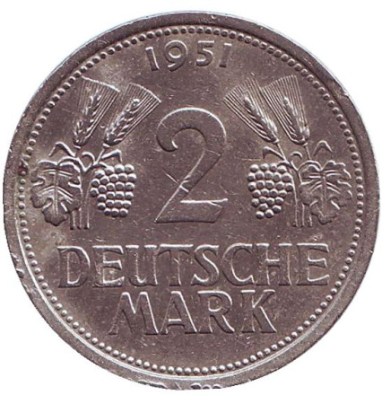 Монета 2 марки. 1951 год (J), ФРГ.