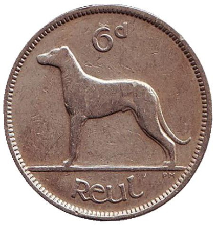 Монета 6 пенсов. 1949 год, Ирландия. Ирландский волкодав.
