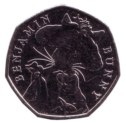 Монета 50 пенсов. 2017 год, Великобритания. Бенджамин Банни. 150 лет со дня рождения Беатрис Поттер.