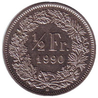 Монета 1/2 франка. 1990 год, Швейцария.