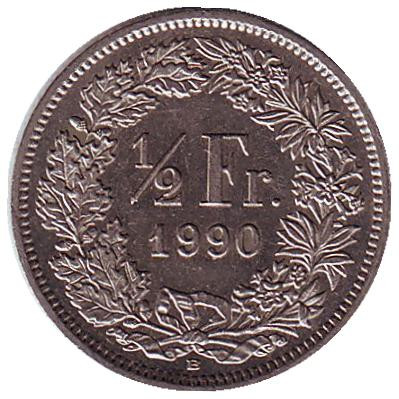 Монета 1/2 франка. 1990 год, Швейцария.