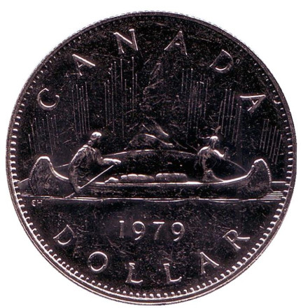 Монета 1 доллар. 1979 год, Канада. aUNC. Индейцы в каноэ.
