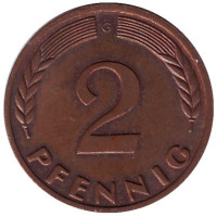 Дубовые листья. Монета 2 пфеннига. 1968 год (G), ФРГ. (бронза)