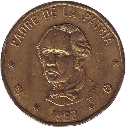 Монета 1 песо. 1993 год, Доминиканская Республика. Пабло Дуарте.