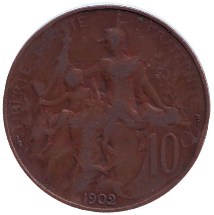 Монета 10 сантимов. 1902 год, Франция.