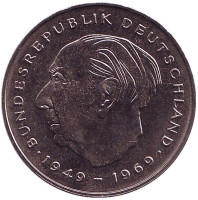 Теодор Хойс. Монета 2 марки. 1980 год (F), ФРГ. UNC.