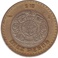 Тонатиу. Ацтекский солнечный камень. Орел. Монета 10 песо. 2010 год, Мексика.