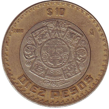 Монета 10 песо. 2010 год, Мексика. Тонатиу. Ацтекский солнечный камень. Орел.