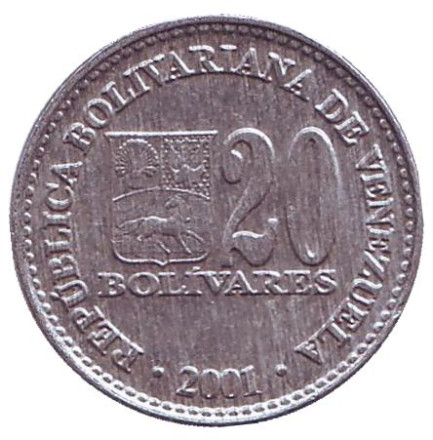 Монета 20 боливаров. 2001 год, Венесуэла. (Немагнитная)