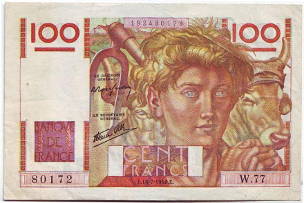 Банкнота 100 франков. 1946 год, Франция. Крестьянин.