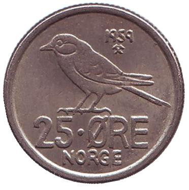 Монета 25 эре. 1959 год, Норвегия. Птица.