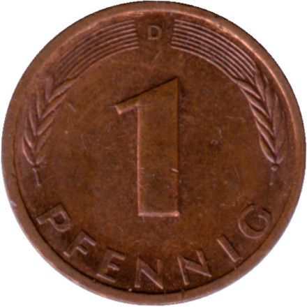 Монета 1 пфенниг. 1996 год (D), ФРГ. Дубовые листья.