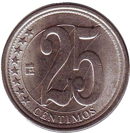 Монета 25 сентимо. 2007 год, Венесуэла.
