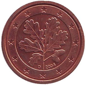 Монета 1 цент. 2004 год (D), Германия.