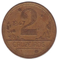 Монета 2 крузейро. 1947 год, Бразилия. Карта Бразилии. Монета 2 крузейро. 1947 год, Бразилия. Карта Бразилии.