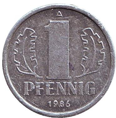 Монета 1 пфенниг. 1986 год, ГДР.
