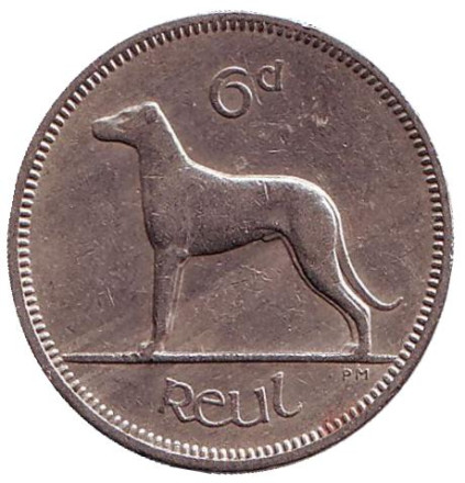 Монета 6 пенсов. 1960 год, Ирландия. Ирландский волкодав.