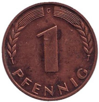 Дубовые листья. Монета 1 пфенниг. 1966 год (G), ФРГ. 