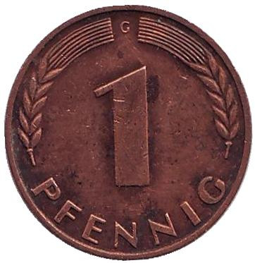 Монета 1 пфенниг. 1966 год (G), ФРГ. Дубовые листья.