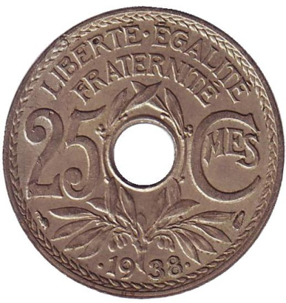  Монета 25 сантимов. 1938 год, Франция.