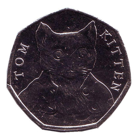Монета 50 пенсов. 2017 год, Великобритания. Котёнок Том. 150 лет со дня рождения Беатрис Поттер.