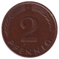 Дубовые листья. Монета 2 пфеннига. 1961 год (G), ФРГ.