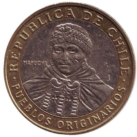 Монета 100 песо. 2013 год, Чили. Индеец Мапуче.