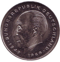 Конрад Аденауэр. Монета 2 марки. 1980 год (F), ФРГ. UNC.