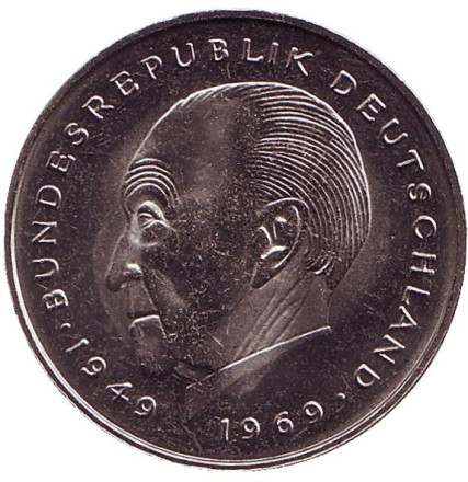 Монета 2 марки. 1980 год (F), ФРГ. UNC. Конрад Аденауэр.