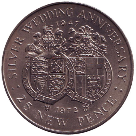 Монета 25 новых пенсов. 1972 год, Гибралтар. 25 лет свадьбе Королевы Елизаветы II и Принца Филиппа.