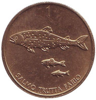 Монета 1 толар. 1996 год, Словения. Ручьевая форель. Монета 1 толар. 1996 год, Словения. Ручьевая форель.