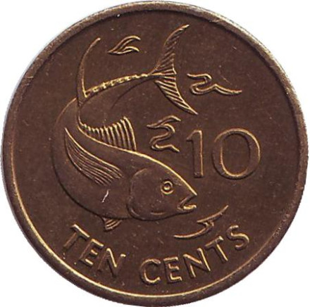 Монета 10 центов. 1997 год, Сейшельские острова. Желтопёрый тунец.