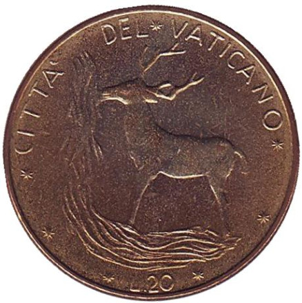 Монета 20 лир. 1976 год, Ватикан. Благородный олень.