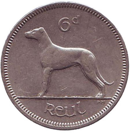 Монета 6 пенсов. 1968 год, Ирландия. Ирландский волкодав.