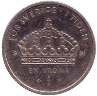 Король Карл XVI Густав. Корона. Монета 1 крона. 2008 год, Швеция.