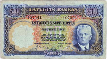 Банкнота 50 латов. 1934 год, Латвия. Карлис Улманис.