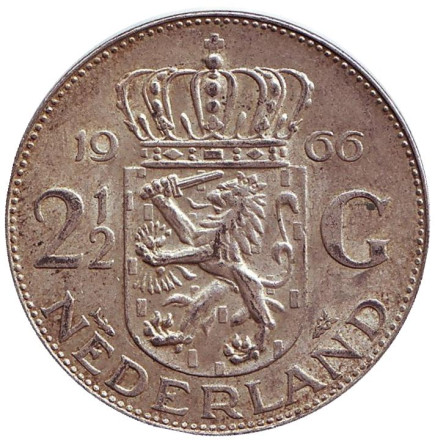 Монета 2,5 гульдена. 1966 год, Нидерланды.