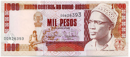 Банкнота 1000 песо. 1993 год, Гвинея-Бисау. Амилкар Кабрал.
