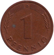 Монета 1 пфенниг. 1973 год (D), ФРГ. Дубовые листья. Монета 1 пфенниг. 1973 год (D), ФРГ. Дубовые листья.