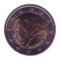 Примож Трубар - 500 лет со дня рождения. Монета 2 евро, 2008 год, Словения. 