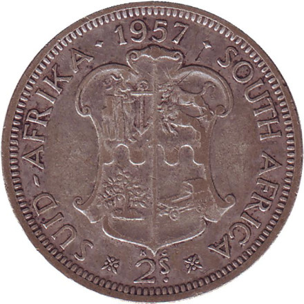 Монета 2 шиллинга. 1957 год, ЮАР.