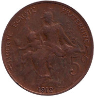 Монета 5 сантимов. 1912 год, Франция.
