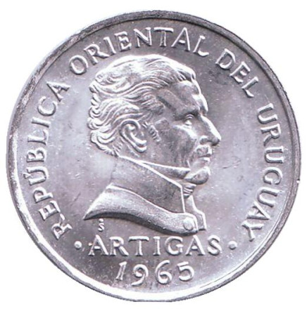 Монета 50 сентесимо. 1965 год, Уругвай. UNC. Хосе Артигас.