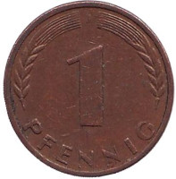 Дубовые листья. Монета 1 пфенниг. 1968 год (J), ФРГ.
