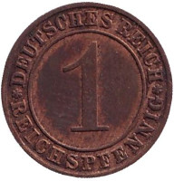 Монета 1 рейхспфенниг. 1934 год (J), Веймарская республика.