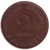 Дубовые листья. Монета 2 пфеннига. 1964 год (G), ФРГ.