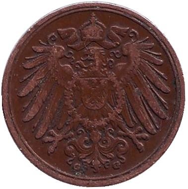 Монета 1 пфенниг. 1904 год (G), Германская империя. Монета 1 пфенниг. 1904 год (G), Германская империя.