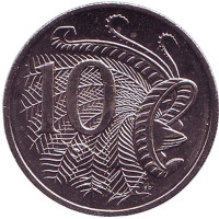 Лирохвост. 50 лет десятичной системе. Монета 10 центов. 2016 год, Австралия.