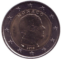 Князь Альберт II. Монета 2 евро. 2016 год, Монако.